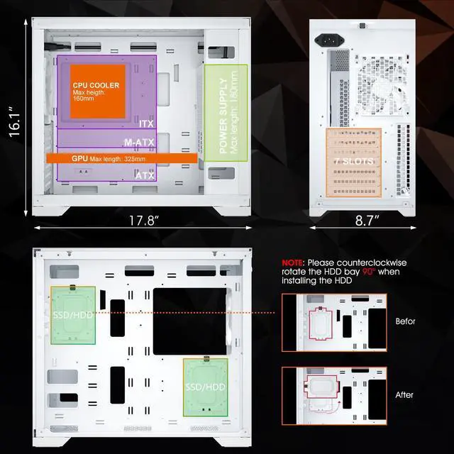 Alt view image 9 of 14 - Vetroo AL-MESH-7C White Compact ATX PC Case, Front Power Supply, Top 360mm Radiator Support, Type-C & USB 3.0 I/O Panel, High-Airflow Mesh Gaming Case w/ Rear 120mm ARGB & PWM Fan
