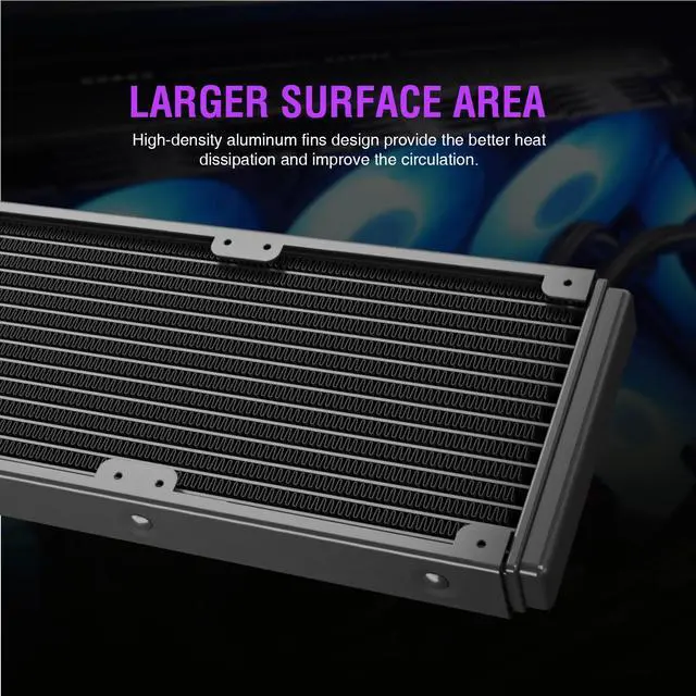 Alt view image 2 of 7 - Vetroo V360 Liquid CPU Cooler, 3X 120mm Addressable RGB FDB & PWM Fans, 360mm Radiator AIO Water Cooler w/Controller Hub for Intel LGA 1700/1200/115X AMD AM5/AM4 - Black