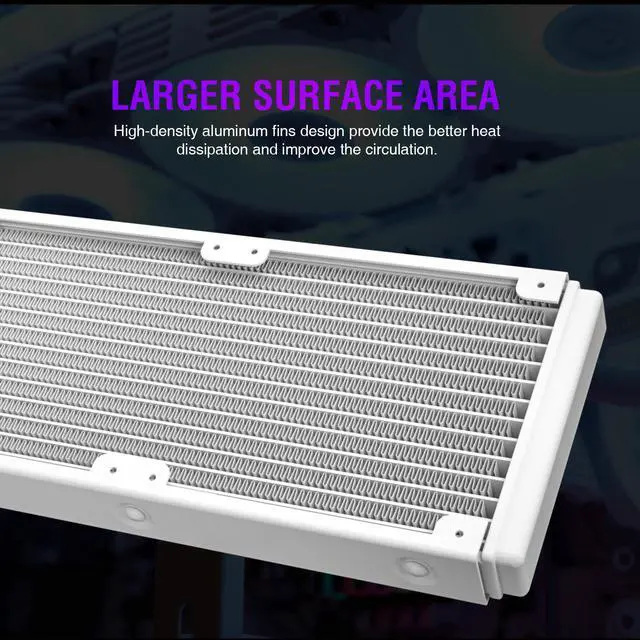 Alt view image 2 of 7 - Vetroo V360 Liquid CPU Cooler, 3X 120mm Addressable RGB FDB & PWM Fans, 360mm Radiator AIO Water Cooler w/Controller Hub for Intel LGA 1700/1200/115X AMD AM5/AM4 - White