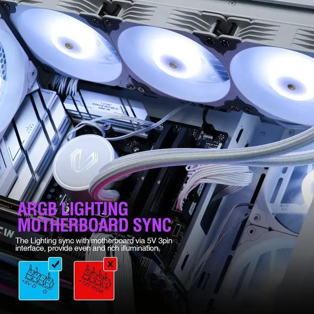 Alt view image 4 of 7 - Vetroo V360 Liquid CPU Cooler, 3X 120mm Addressable RGB FDB & PWM Fans, 360mm Radiator AIO Water Cooler w/Controller Hub for Intel LGA 1700/1200/115X AMD AM5/AM4 - White