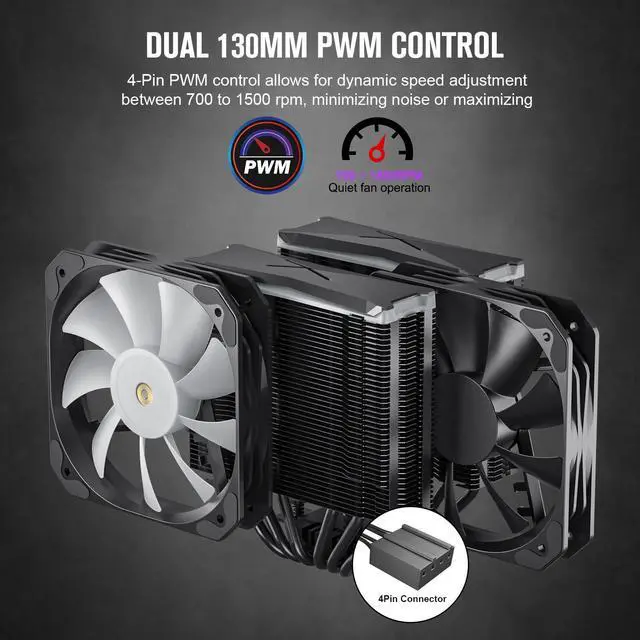 Alt view image 3 of 7 - Vetroo U6PRO Black Dual Tower CPU Cooler w/ 6pcs Heatpipes, Top ARGB Lighting, 130mm ARGB & PWM Air Cooler 220W TDP for Intel LGA 1700/1200 AMD AM5/AM4