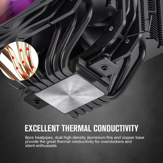 Alt view image 2 of 7 - Vetroo U6PRO Black Dual Tower CPU Cooler w/ 6pcs Heatpipes, Top ARGB Lighting, 130mm ARGB & PWM Air Cooler 220W TDP for Intel LGA 1700/1200 AMD AM5/AM4