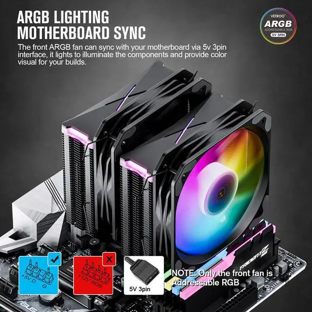 Alt view image 5 of 7 - Vetroo U6PRO Black Dual Tower CPU Cooler w/ 6pcs Heatpipes, Top ARGB Lighting, 130mm ARGB & PWM Air Cooler 220W TDP for Intel LGA 1700/1200 AMD AM5/AM4
