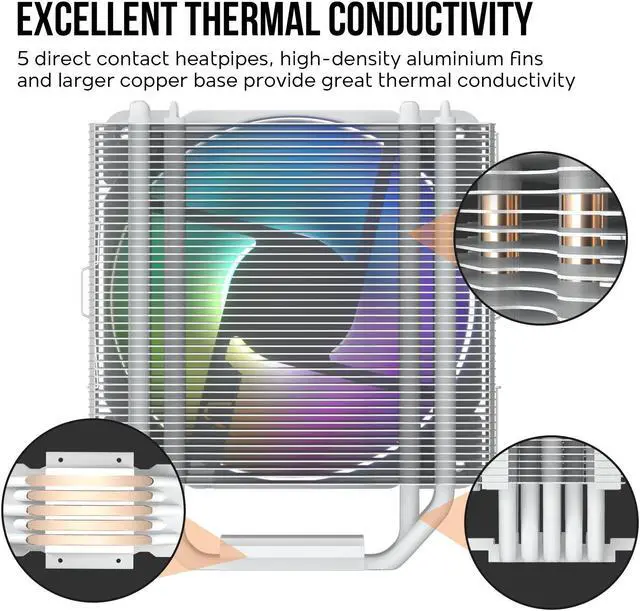 Alt view image 6 of 7 - Vetroo V5 White CPU Air Cooler with 5 Heat Pipes 120mm PWM Processor Cooler for Intel LGA 1700/1200/115X AMD AM5/AM4 w/Addressable RGB Lights Sync