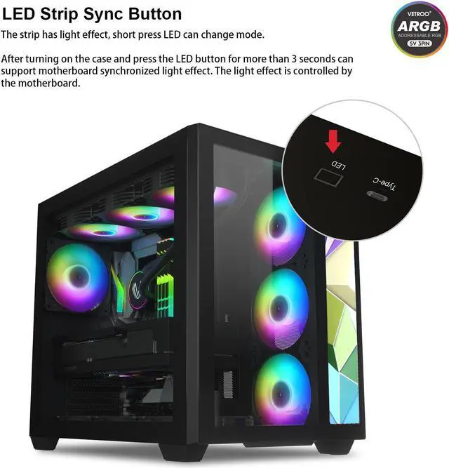 Alt view image 4 of 6 - Vetroo Front Panel with Addressable RGB LED Strip Colorful Mosaics Replacement Panel Only for AL700 ATX PC Case - Black