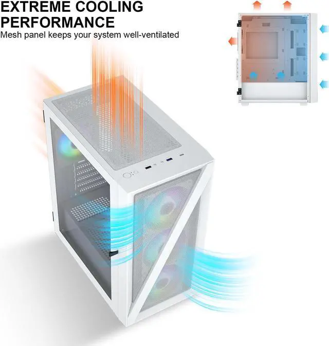 Alt view image 7 of 7 - Vetroo M05 Compact Computer Case Micro ATX ITX Type-C Ready Lucency 4mm Tempered Glass Mesh Panel Pre-Installed Rear 120mm Addressable RGB Fan 240mm Radiator Support - White