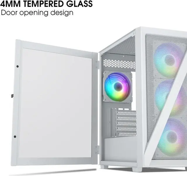 Alt view image 2 of 7 - Vetroo M05 Compact Computer Case Micro ATX ITX Type-C Ready Lucency 4mm Tempered Glass Mesh Panel Pre-Installed Rear 120mm Addressable RGB Fan 240mm Radiator Support - White