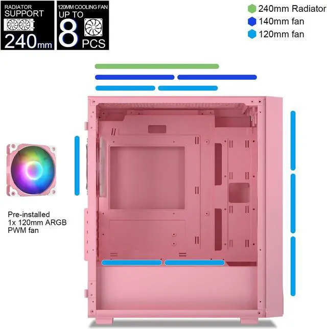 Alt view image 4 of 6 - Vetroo M05 Compact Computer Case Micro ATX ITX Type-C Ready Lucency 4mm Tempered Glass Mesh Panel Pre-Installed Rear 120mm Addressable RGB Fan 240mm Radiator Support - Pink