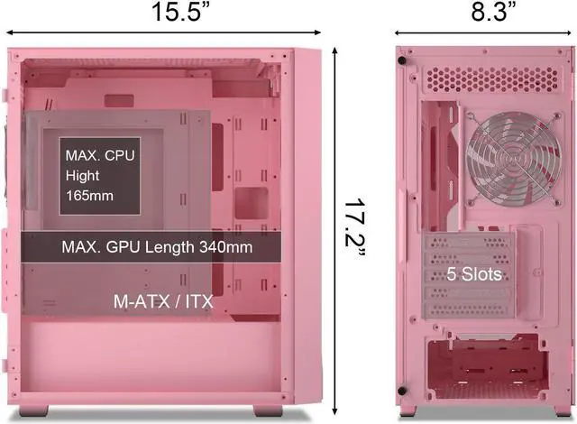 Alt view image 5 of 6 - Vetroo M05 Compact Computer Case Micro ATX ITX Type-C Ready Lucency 4mm Tempered Glass Mesh Panel Pre-Installed Rear 120mm Addressable RGB Fan 240mm Radiator Support - Pink