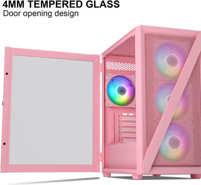Alt view image 2 of 6 - Vetroo M05 Compact Computer Case Micro ATX ITX Type-C Ready Lucency 4mm Tempered Glass Mesh Panel Pre-Installed Rear 120mm Addressable RGB Fan 240mm Radiator Support - Pink