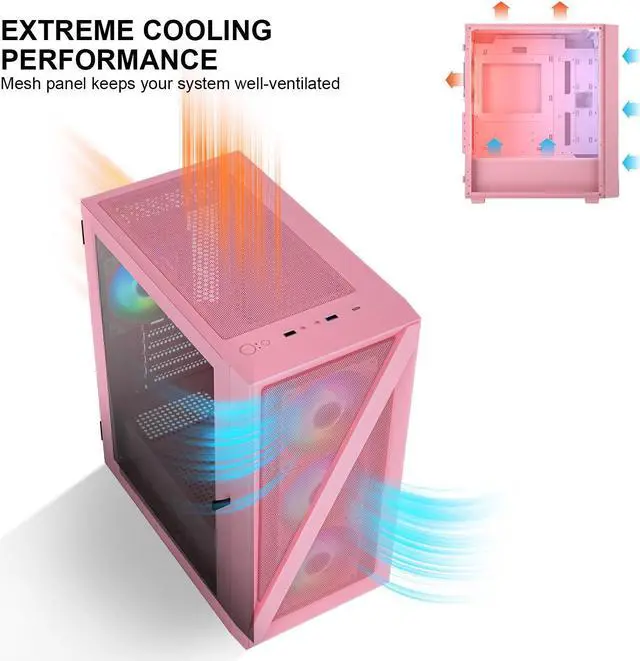 Alt view image 6 of 6 - Vetroo M05 Compact Computer Case Micro ATX ITX Type-C Ready Lucency 4mm Tempered Glass Mesh Panel Pre-Installed Rear 120mm Addressable RGB Fan 240mm Radiator Support - Pink