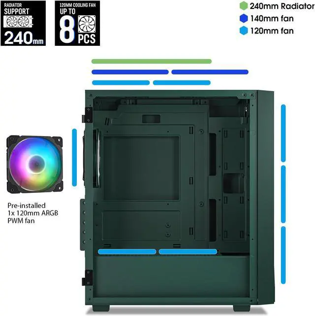 Alt view image 4 of 7 - Vetroo M05 Compact Computer Case Micro ATX ITX Type-C Ready Lucency 4mm Tempered Glass Mesh Panel Pre-Installed Rear 120mm Addressable RGB Fan 240mm Radiator Support - Army Green