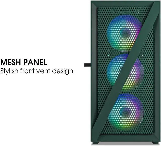 Alt view image 3 of 7 - Vetroo M05 Compact Computer Case Micro ATX ITX Type-C Ready Lucency 4mm Tempered Glass Mesh Panel Pre-Installed Rear 120mm Addressable RGB Fan 240mm Radiator Support - Army Green