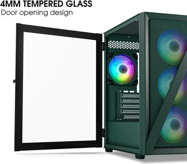 Alt view image 2 of 7 - Vetroo M05 Compact Computer Case Micro ATX ITX Type-C Ready Lucency 4mm Tempered Glass Mesh Panel Pre-Installed Rear 120mm Addressable RGB Fan 240mm Radiator Support - Army Green