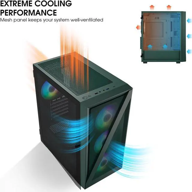 Alt view image 7 of 7 - Vetroo M05 Compact Computer Case Micro ATX ITX Type-C Ready Lucency 4mm Tempered Glass Mesh Panel Pre-Installed Rear 120mm Addressable RGB Fan 240mm Radiator Support - Army Green