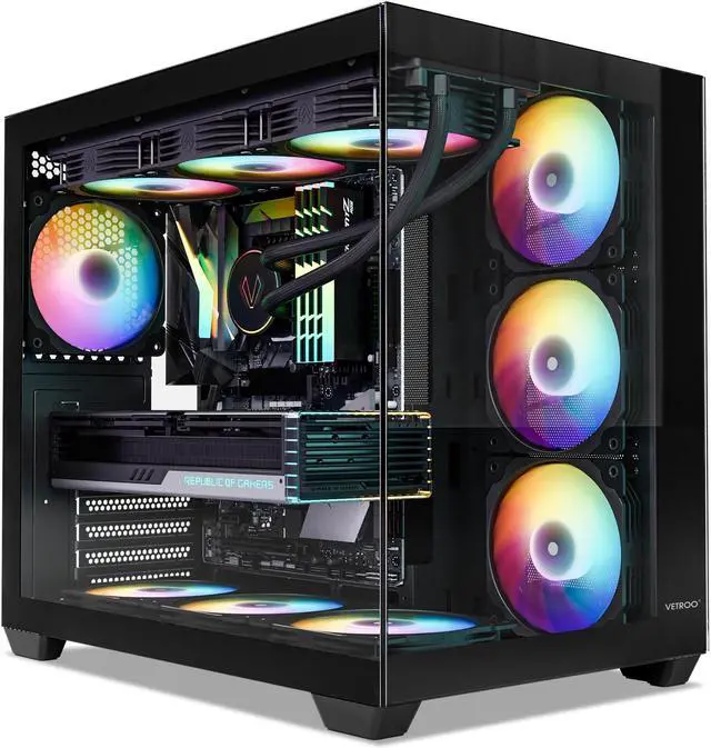 Main image of Vetroo AL900 ATX Computer PC Case 270° Full View Tempered Glass Pre-Installed ARGB & PWM FDB Fan in Rear 360mm Radiator Support High-Air flow Perforated Up to 10 fans Support for 50 Series GPUs -Black