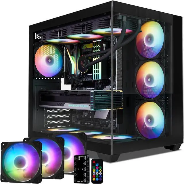 Main image of Vetroo AL900 ATX PC Case with 270° Full View Tempered Glass, Supports 360mm Radiator, 4 PWM FDB ARGB Fans with Controller - Black