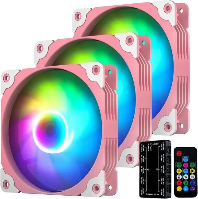 Main image of Vetroo 3 Pack 120mm ARGB & PWM Case Cooling Fans with Controller Computer PC Cooler Pink Frame High Airflow High-Performance with 5V 3pin Motherboard Sync
