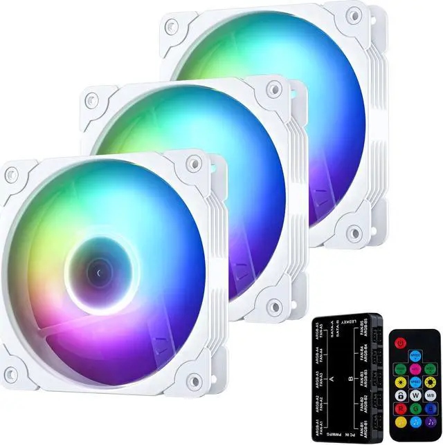 Main image of Vetroo 3 Pack 120mm ARGB & PWM Case Cooling Fans with Controller Computer PC Cooler White Frame High Airflow High-Performance with 5V 3pin Motherboard Sync