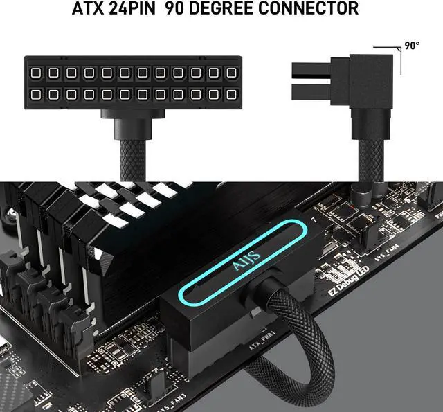 Alt view image 2 of 7 - DARKROCK LED 24 Pin Extension Cable for Power Supply & Motherboard, 90-Degree Adapter with Single Durable & Flexible Rubber Cable RGB Lighting, Cable Management - Black