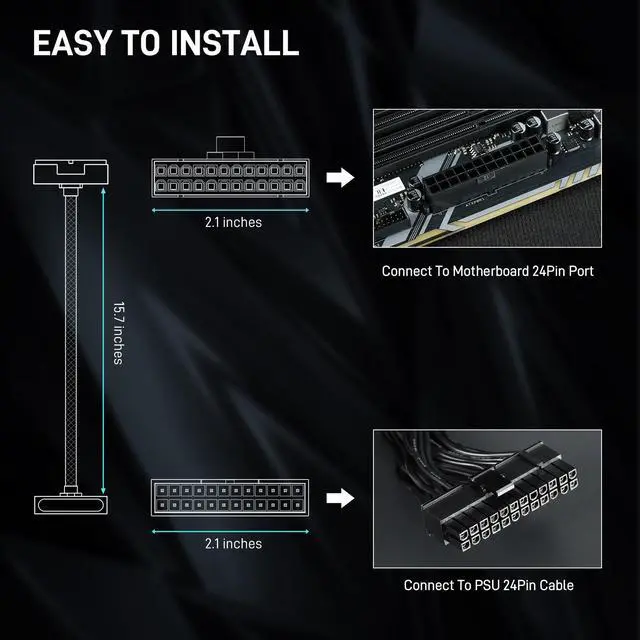 Alt view image 5 of 7 - DARKROCK LED 24 Pin Extension Cable for Power Supply & Motherboard, 90-Degree Adapter with Single Durable & Flexible Rubber Cable RGB Lighting, Cable Management - Black