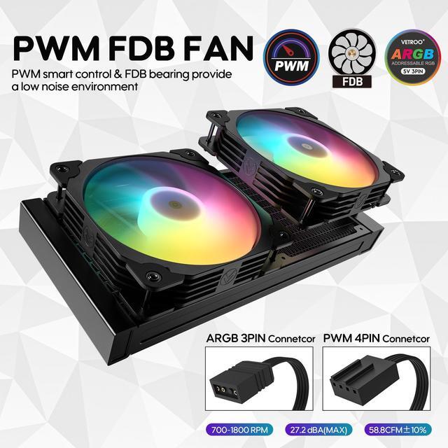 Alt view image 5 of 7 - Vetroo R240 Liquid CPU Cooler, Replaceable Cover Design, 2x120mm ARGB & PWM Fans, Low-Noise Operation, 240mm Radiator 250W TDP, Controller Hub Included, for AMD AM5/AM4 & Intel LGA1851/1700 - Black