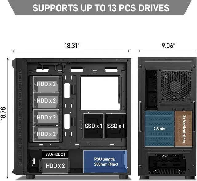 Alt view image 3 of 7 - DARKROCK Classico Max Storage Master Case E-ATX Computer Case with 4x120mm Black Fan, 10 x3.5" HDD+3 x2.5" SDD USB 3.0 Ready 360mm Radiator Supported Vertical Slots for GPU Vertically Mount - Black