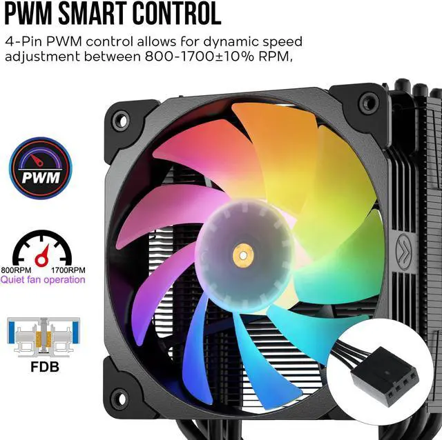 Alt view image 4 of 7 - Vetroo V5 Black CPU Air Cooler w/ Addressable RGB Lights Sync 5 Heat Pipes 120mm FDB PWM Processor 200W TDP Cooler for Intel LGA 1851/1700/1200/115X AMD AM5/AM4