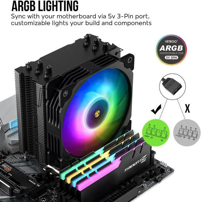 Alt view image 3 of 7 - Vetroo V5 Black CPU Air Cooler w/ Addressable RGB Lights Sync 5 Heat Pipes 120mm FDB PWM Processor 200W TDP Cooler for Intel LGA 1851/1700/1200/115X AMD AM5/AM4