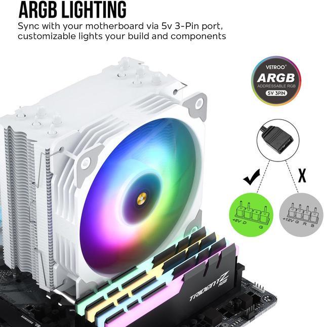 Alt view image 3 of 7 - Vetroo V5 White CPU Air Cooler w/ w/Addressable RGB Lights Sync 5 Heat Pipes 120mm FDB PWM Processor 200W TDP Cooler for Intel LGA 1851/1700/1200/115X AMD AM5/AM4