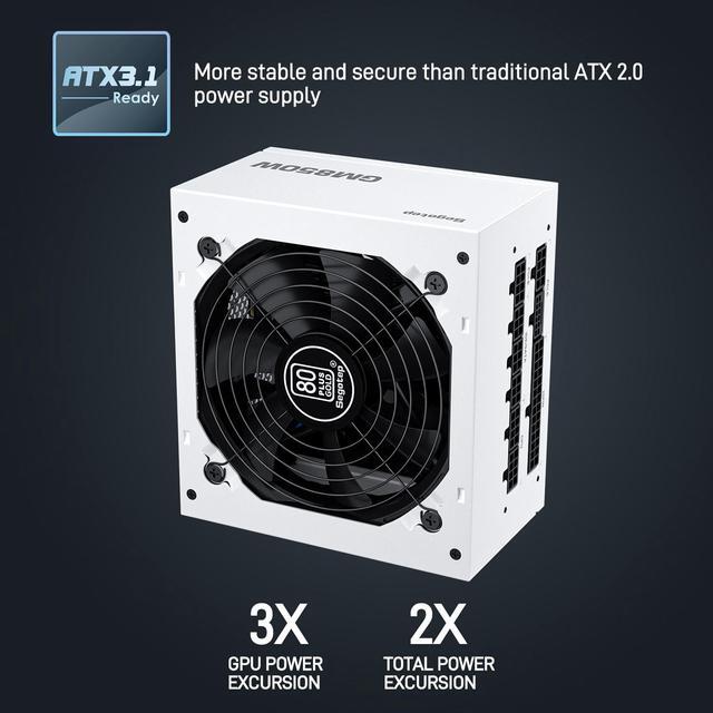 Alt view image 4 of 7 - Segotep 850W White PCIe 5.1 Full Modular 80 Plus Gold PSU ATX 3.1 Gaming Power Supply, 12VHPWR Cable, 12+4PIN port and Dual 6+2Pin ports for Different Graphics Cards, Silent Fan mode