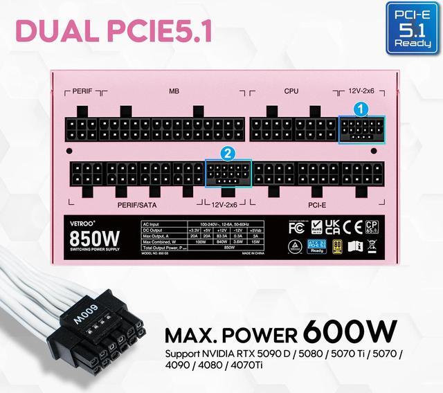 Alt view image 2 of 7 - Vetroo 850W Power Supply Dual PCIe 5.1 ATX 3.1 Ready, 80 Plus Gold Full Modular, Quiet Operation with 120mm FDB Fan, 10-Year Warranty - Pink