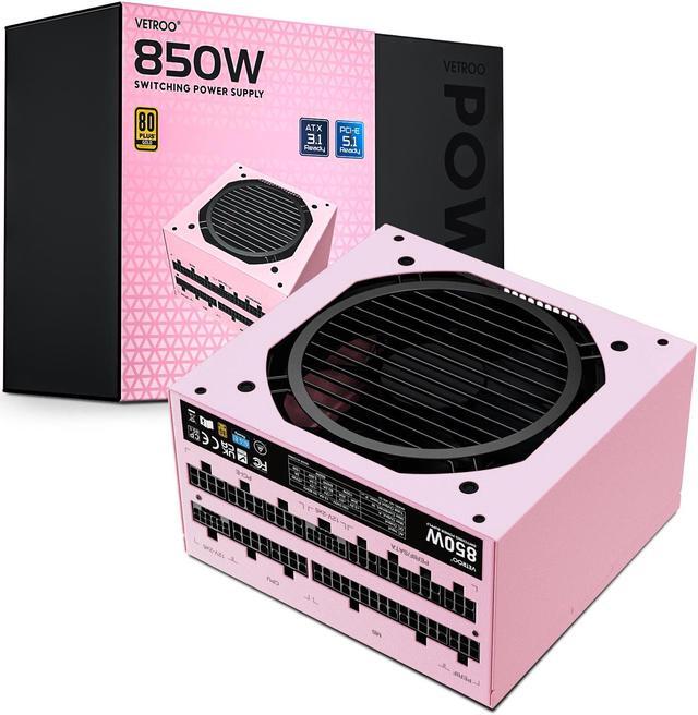 Main image of Vetroo 850W Power Supply Dual PCIe 5.1 ATX 3.1 Ready, 80 Plus Gold Full Modular, Quiet Operation with 120mm FDB Fan, 10-Year Warranty - Pink