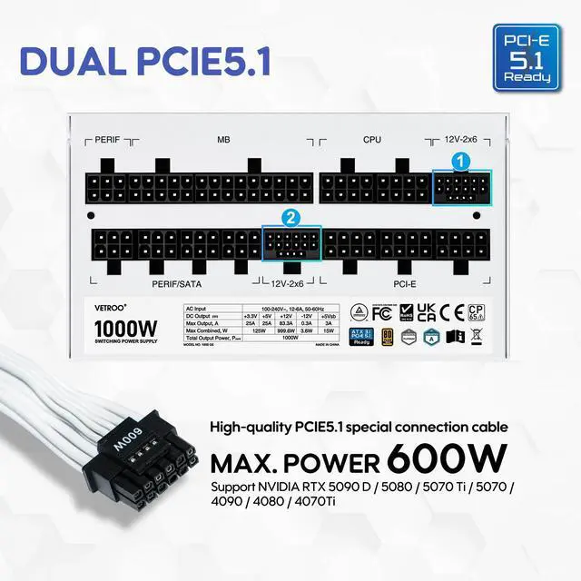 Alt view image 2 of 7 - Vetroo 1000W White Power Supply ATX 3.1 Ready Dual PCIe 5.1, 80 Plus Gold Full Modular, Compact Size, Eco Mode with 120mm FDB Fan, 10 Year Warranty, for Gaming PC and More