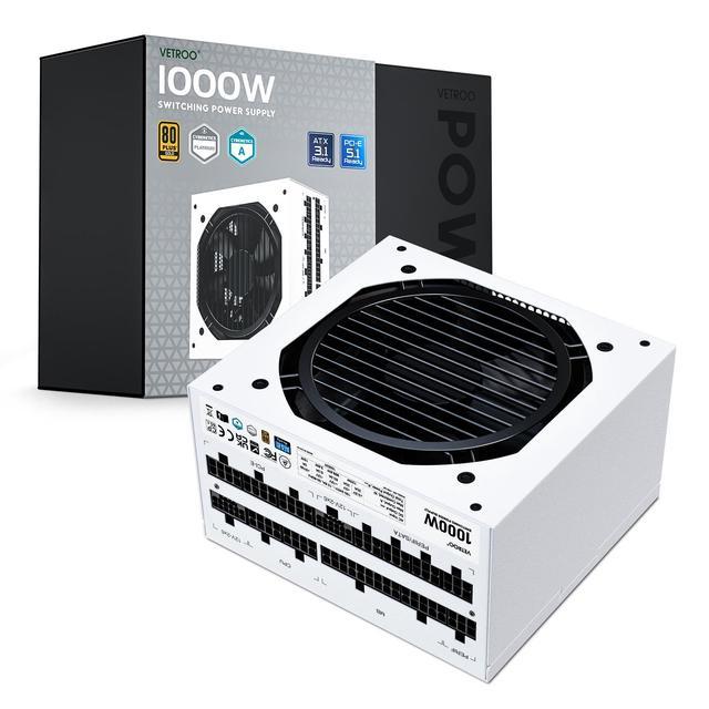 Vetroo 1000W White Power Supply ATX 3.1 Ready Dual PCIe 5.1, 80 Plus Gold Full Modular, Compact Size, Eco Mode with 120mm FDB Fan, 10 Year Warranty,