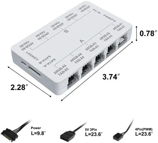 Alt view image 7 of 7 - Vetroo 20-Port Case Fan Hub with Remote, SATA Power 10-Port 4-Pin PWM Fan Speed and 10-Port 3-Pin ARGB Lighting Controller (White)