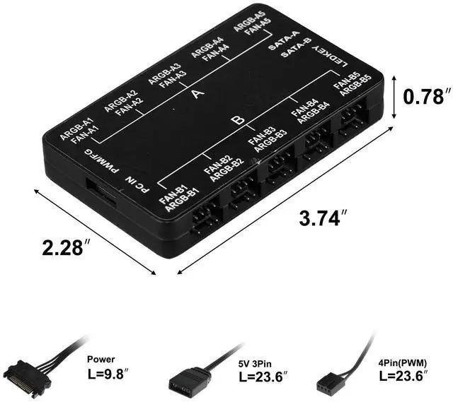 Alt view image 7 of 7 - Vetroo 20-Port Case Fan Hub with Remote, SATA Power 10-Port 4-Pin PWM Fan Speed and 10-Port 3-Pin ARGB Lighting Controller (Black)
