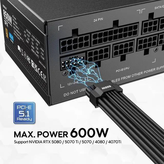 Alt view image 3 of 7 - Vetroo 850W SFX Power Supply ATX 3.1 & PCIE 5.1 Ready, 80 Plus Gold Certificate Fully Modular, 90mm FDB Fan for Low-Noise Operation, SFX-to-ATX Bracket, 10-Year Warranty - Black