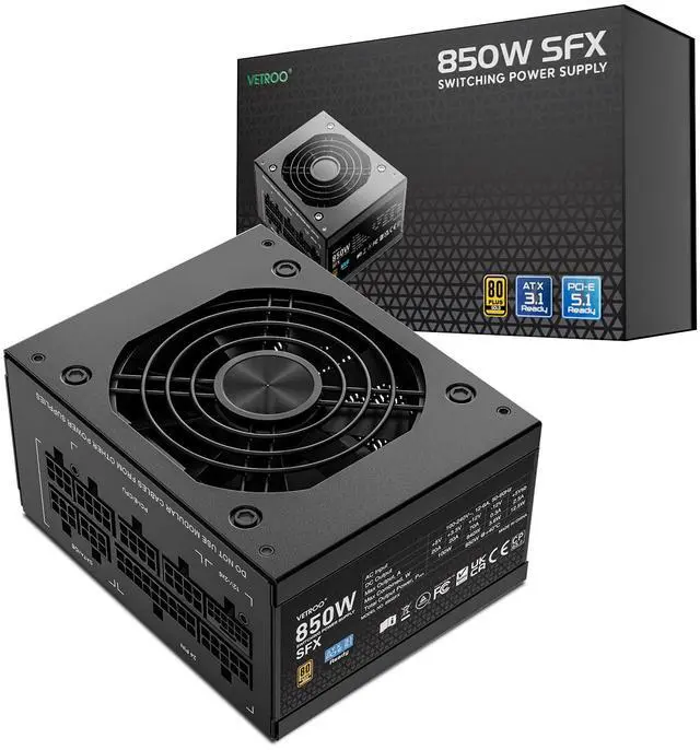 Main image of Vetroo 850W SFX Power Supply ATX 3.1 & PCIE 5.1 Ready, 80 Plus Gold Certificate Fully Modular, 90mm FDB Fan for Low-Noise Operation, SFX-to-ATX Bracket, 10-Year Warranty - Black