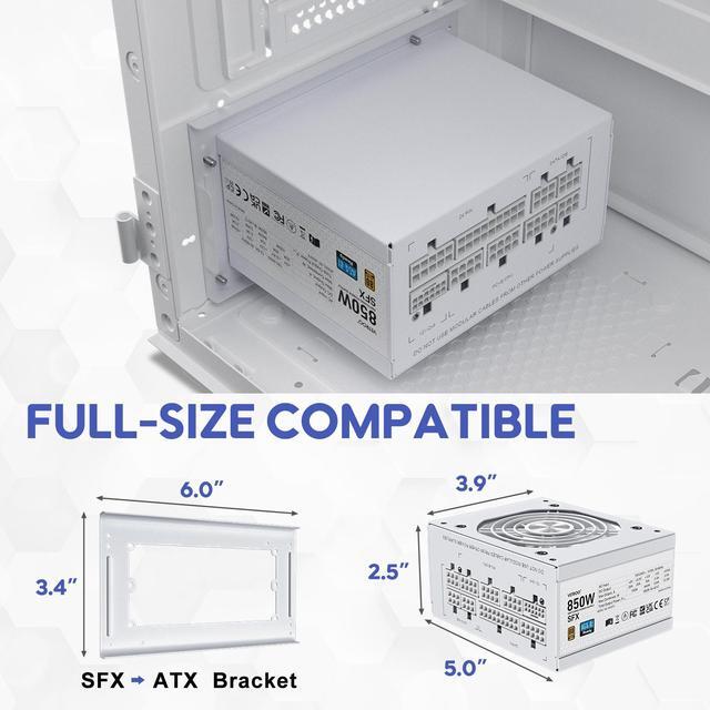 Alt view image 2 of 7 - Vetroo 850W SFX Power Supply ATX 3.1 & PCIE 5.1 Ready, 80 Plus Gold Certificate Fully Modular, 90mm FDB Fan for Low-Noise Operation, SFX-to-ATX Bracket, 10-Year Warranty - White