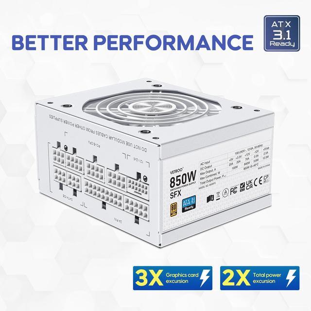 Alt view image 4 of 7 - Vetroo 850W SFX Power Supply ATX 3.1 & PCIE 5.1 Ready, 80 Plus Gold Certificate Fully Modular, 90mm FDB Fan for Low-Noise Operation, SFX-to-ATX Bracket, 10-Year Warranty - White