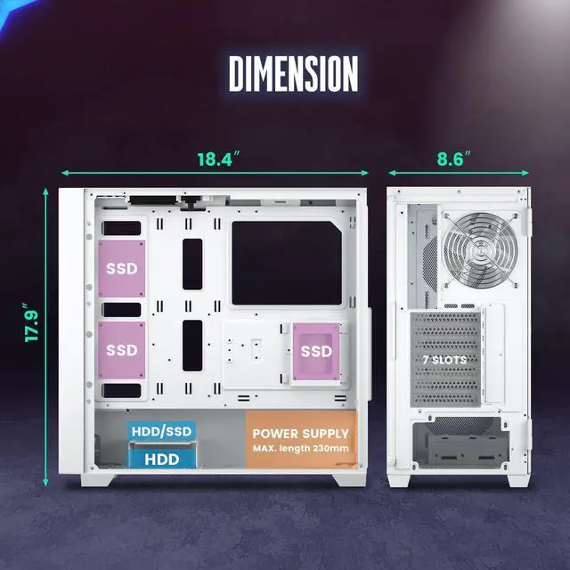 Alt view image 4 of 6 - Vetroo AL800 White E-ATX Full Tower PC Gaming Case with 4mm Tempered Glass RTX 50 Series Fully Compatible Side Panel & Mesh Front Panel Support 360mm Radiator 120mm ARGB Fan Included Type-C