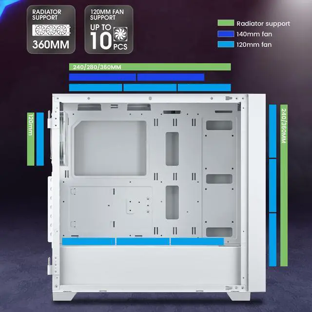 Alt view image 3 of 6 - Vetroo AL800 White E-ATX Full Tower PC Gaming Case with 4mm Tempered Glass RTX 50 Series Fully Compatible Side Panel & Mesh Front Panel Support 360mm Radiator 120mm ARGB Fan Included Type-C