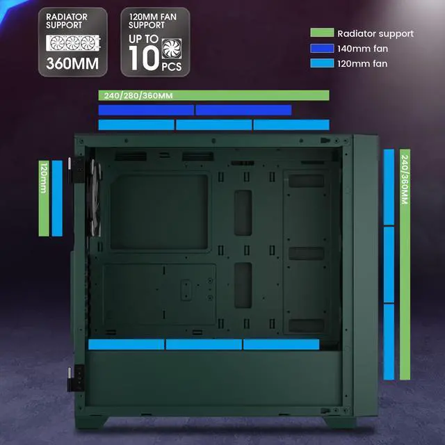 Alt view image 3 of 6 - Vetroo AL800 Army Green E-ATX Full Tower PC Gaming Case with 4mm Tempered Glass RTX 50 Series Fully Compatible Side Panel & Mesh Front Panel Support 360mm Radiator 120mm ARGB Fan Included Type-C