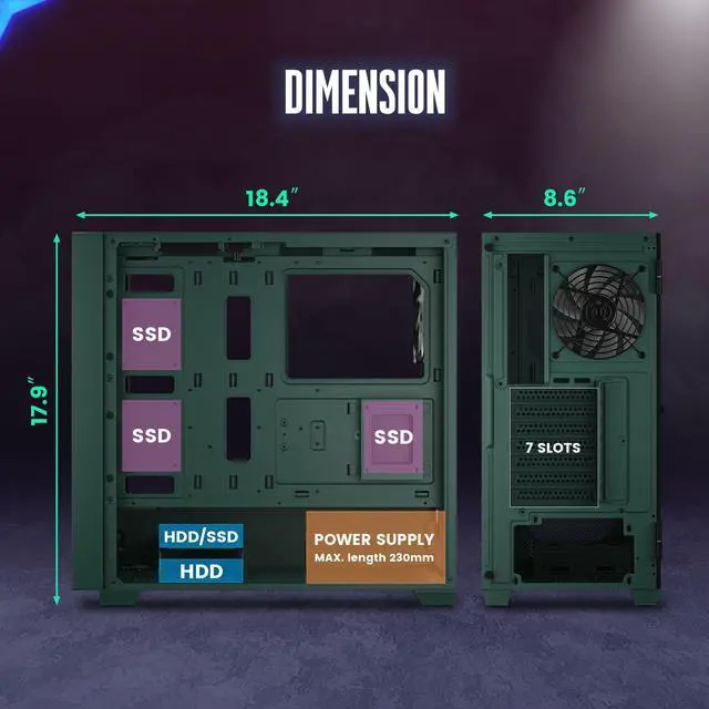 Alt view image 4 of 6 - Vetroo AL800 Army Green E-ATX Full Tower PC Gaming Case with 4mm Tempered Glass RTX 50 Series Fully Compatible Side Panel & Mesh Front Panel Support 360mm Radiator 120mm ARGB Fan Included Type-C