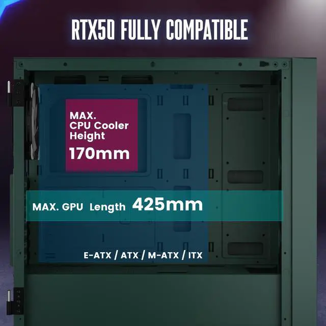 Alt view image 5 of 6 - Vetroo AL800 Army Green E-ATX Full Tower PC Gaming Case with 4mm Tempered Glass RTX 50 Series Fully Compatible Side Panel & Mesh Front Panel Support 360mm Radiator 120mm ARGB Fan Included Type-C