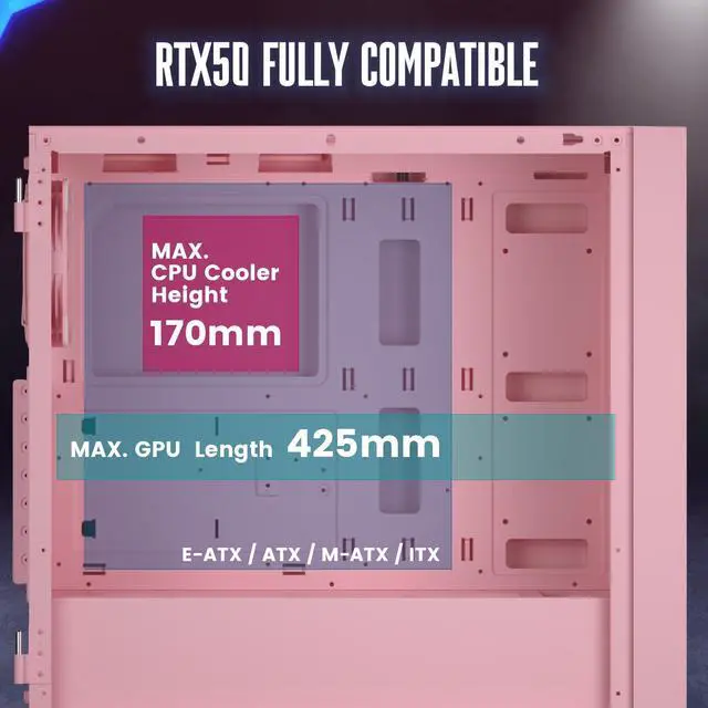 Alt view image 2 of 7 - VETROO AL800 Full Tower Pink PC Computer Case - 3 Pcs White 120mm ARGB Fan, Door Opening Design Tempered Glass, E-ATX/ATX Support, Adjustable LED Strip, Pre-Installed ARGB & PWM FDB Fan in Rear