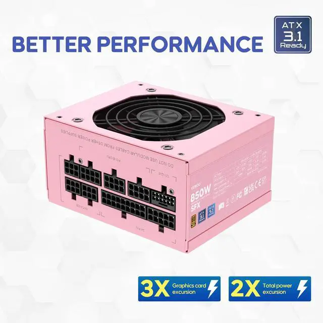 Alt view image 4 of 7 - Vetroo 850W SFX Power Supply ATX 3.1 & PCIE 5.1 Ready, 80 Plus Gold Certificate Fully Modular, 90mm FDB Fan for Low-Noise Operation, SFX-to-ATX Bracket, 10-Year Warranty - Pink