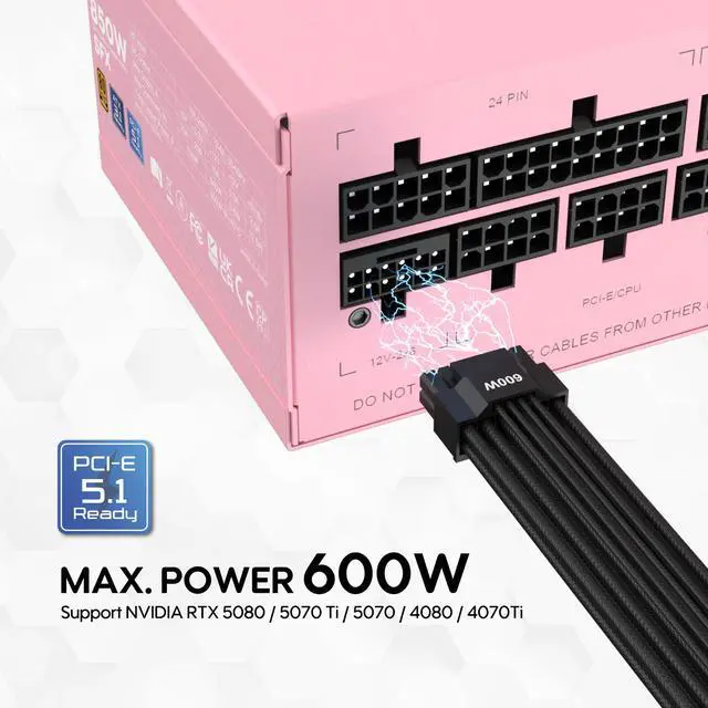 Alt view image 3 of 7 - Vetroo 850W SFX Power Supply ATX 3.1 & PCIE 5.1 Ready, 80 Plus Gold Certificate Fully Modular, 90mm FDB Fan for Low-Noise Operation, SFX-to-ATX Bracket, 10-Year Warranty - Pink