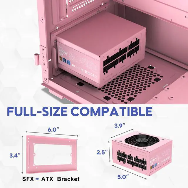 Alt view image 2 of 7 - Vetroo 850W SFX Power Supply ATX 3.1 & PCIE 5.1 Ready, 80 Plus Gold Certificate Fully Modular, 90mm FDB Fan for Low-Noise Operation, SFX-to-ATX Bracket, 10-Year Warranty - Pink
